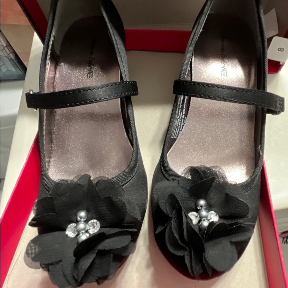 Barely worn fancy black satin little girl heels Velcro side strap closure